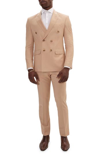 Ron Tomson Super 120s Wool Double Breasted Tuxedo Jacket In Tan