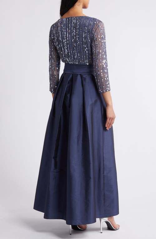 Pisarro Nights Bow Long Sleeve Sequin & Taffeta Gown In Denim