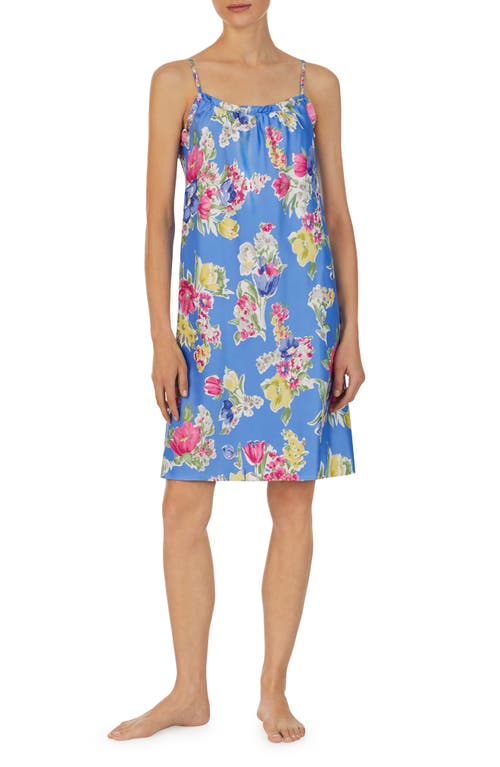 Lauren Ralph Lauren Floral Ruffle Satin Nightgown In Blue