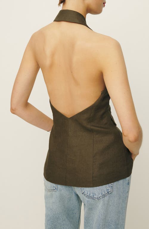 Shop Reformation Brennan Halter Linen Vest In Dark Olive