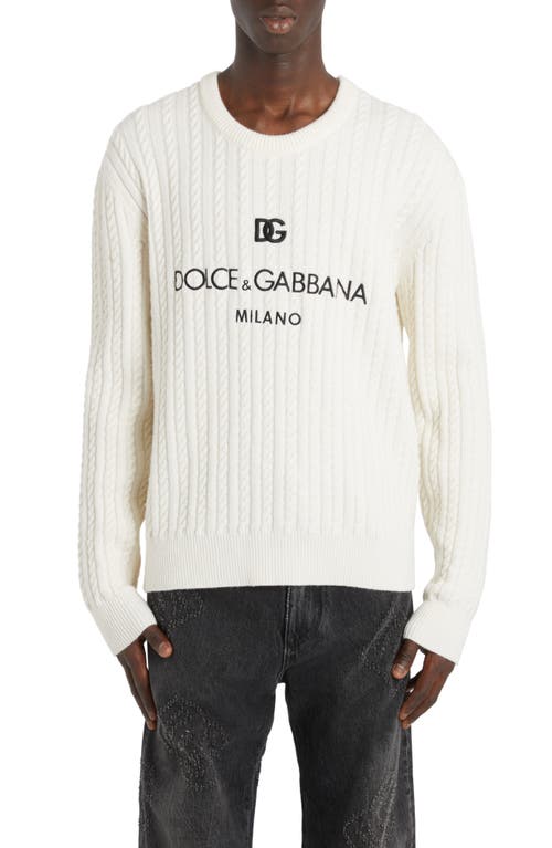 Dolce & Gabbana Embroidered Logo Cable Knit Virgin Wool Crewneck Sweater W0800 Bianco Ottico at Nordstrom, Us