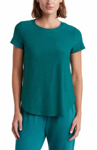 Yogalicious Womens Heavenly Ribbed Tara Cropped Short Sleeve Top with  Built-in Bra - Tourmaline/Htr.Grey - Small