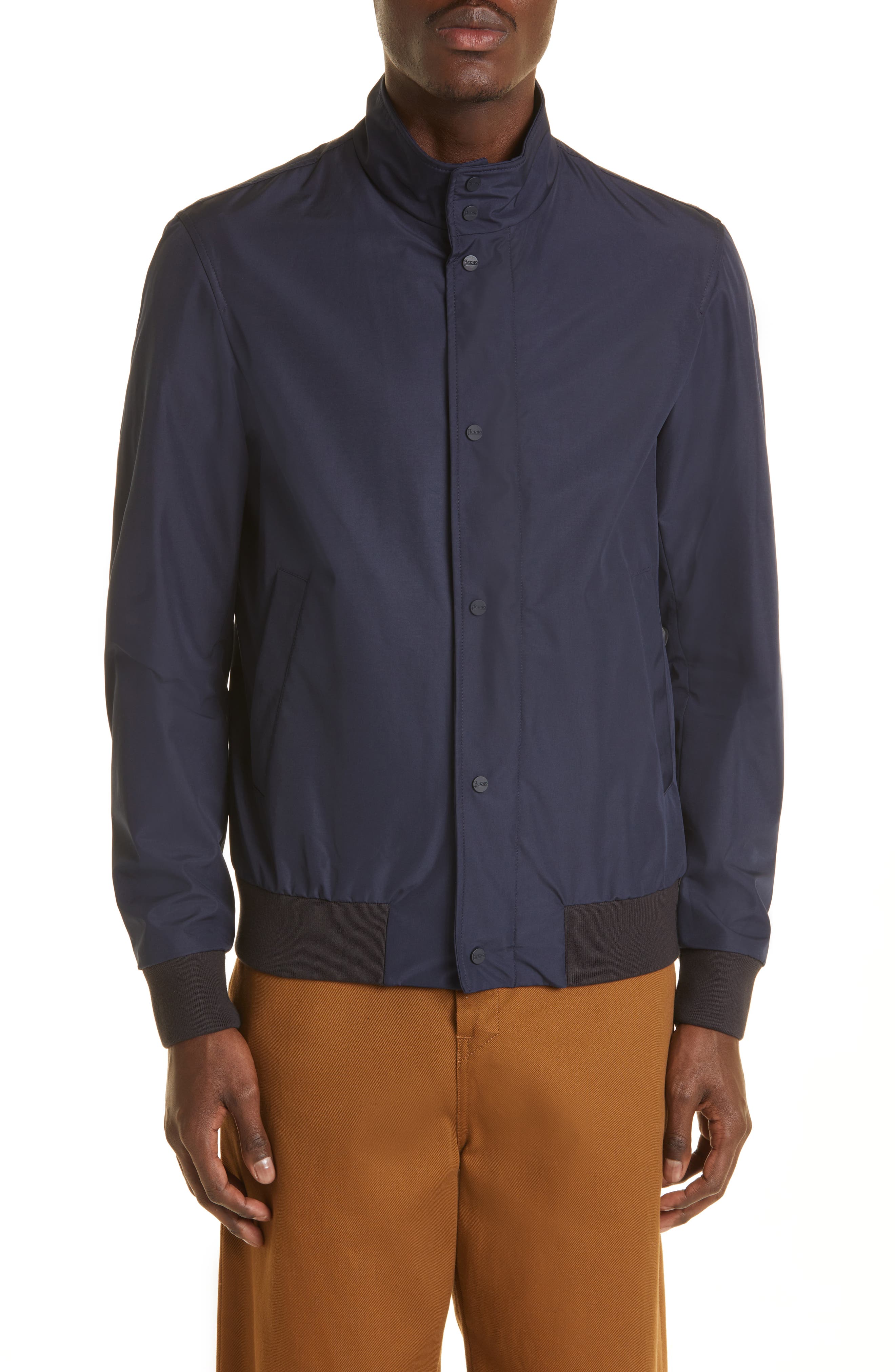 Herno Snap Front Bomber Jacket in Blue Navy