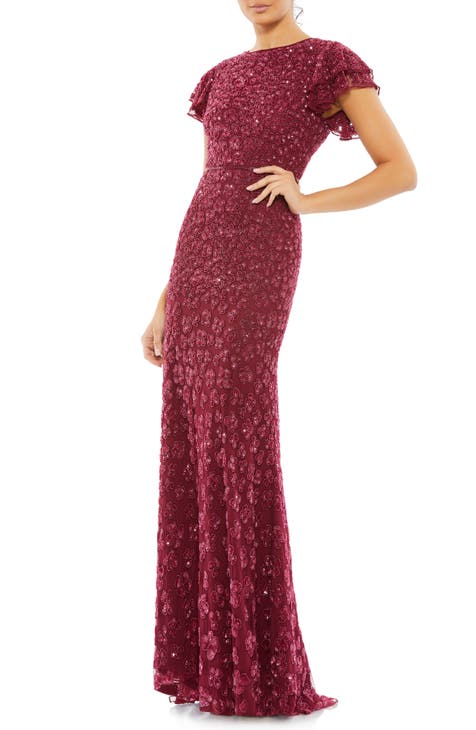 Floral Sequin Cap Sleeve Mesh Gown