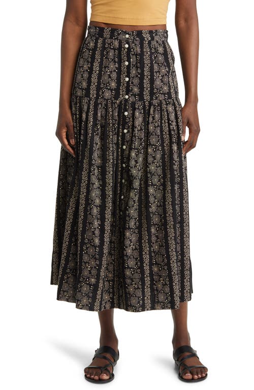 THE GREAT. The Boating Floral Cotton Midi Skirt in Black /cream Token Floral