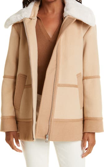 Mix Media Wool Blend Coat with Detachable Faux Shearling Liner