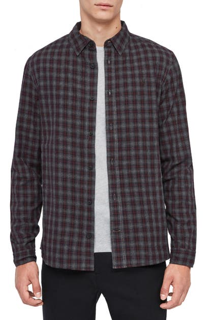 Click to view more detailed imagery on our partner's website Allsaints Traxler Regular Fit Plaid Button-Up Shirt In Charcoal/ Oxblood