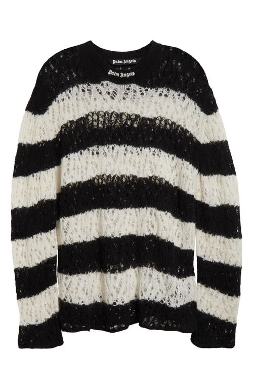 Shop Palm Angels Classic Logo Stripe Open Knit Wool & Mohair Blend Crewneck Sweater In Black Off