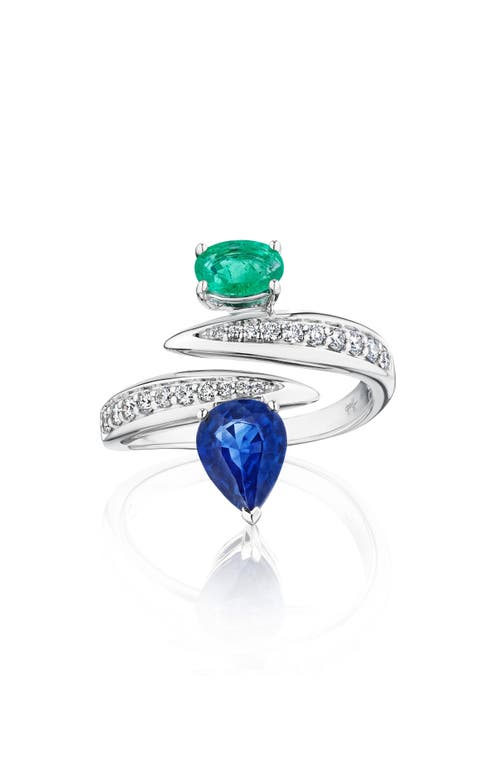 Blue Sapphire & Emerald Bypass Ring in White Gold