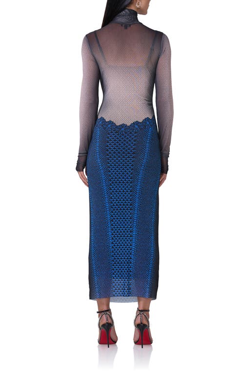 Afrm Shailene Long Sleeve Turtleneck Mesh Dress In Ornate Navy