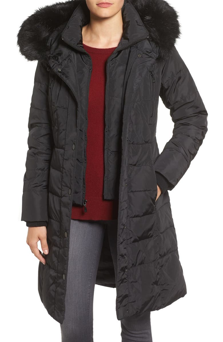 1 Madison Faux Fur Trim Hooded Down & Feather Fill Long Coat | Nordstrom