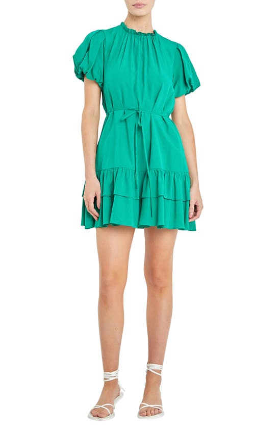 Shop English Factory Puff Sleeve Tiered Minidress In Kelly Green