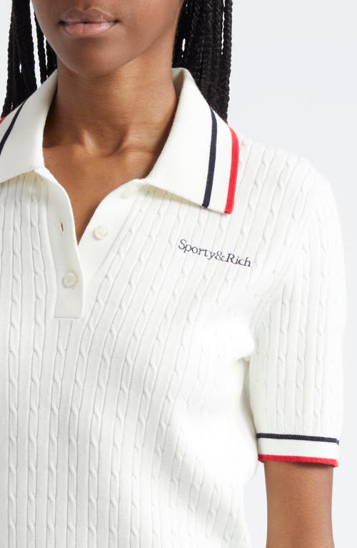 Shop Sporty And Rich Sporty & Rich Mila Cable Embroidered Tipped Polo Sweater In White