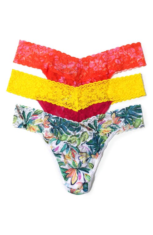 Shop Hanky Panky Original Rise Lace Thongs In Coral/bugundy Yellow/palms