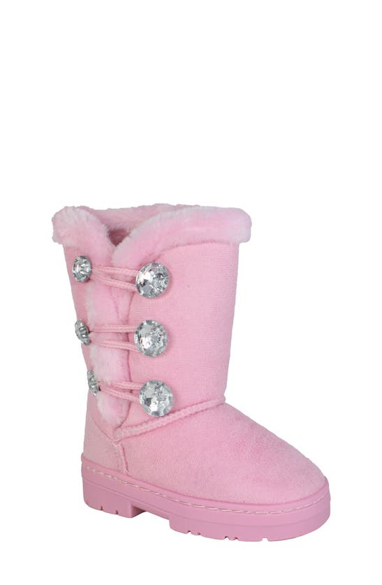 Bebe Kids' Rhinestone Button Faux Fur Lined Trim Winter Boot In Lt/ Pastel Pink