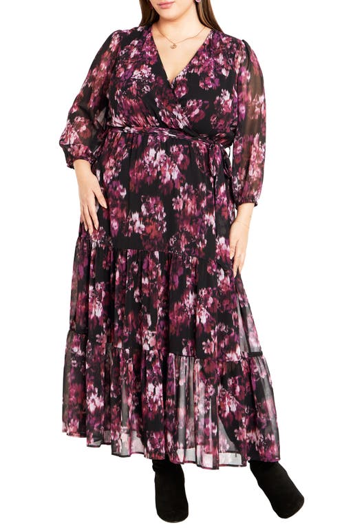 City Chic Monique Print Long Sleeve Faux Wrap Maxi Dress in Blurred Bud at Nordstrom, Size Xs