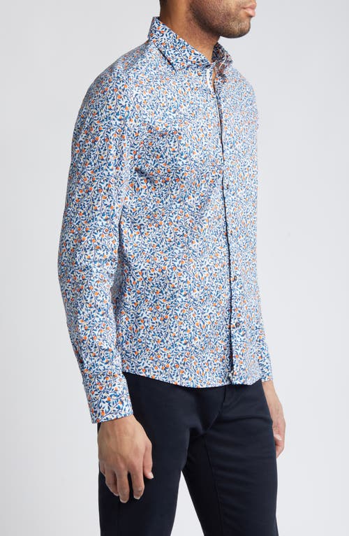 Shop Stone Rose Orange Tree Print Stretch Button-up Shirt In Light Blue