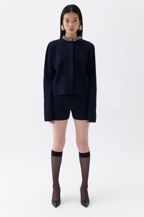 Shop Nocturne Shiny Stone Collar Cardigan In Navy Blue