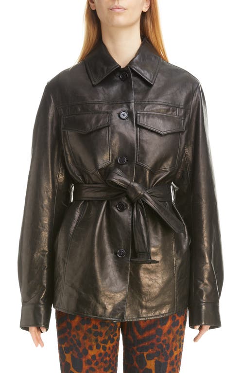 Dries Van Noten Lazan Belted Leather Shirt Jacket in Black 900