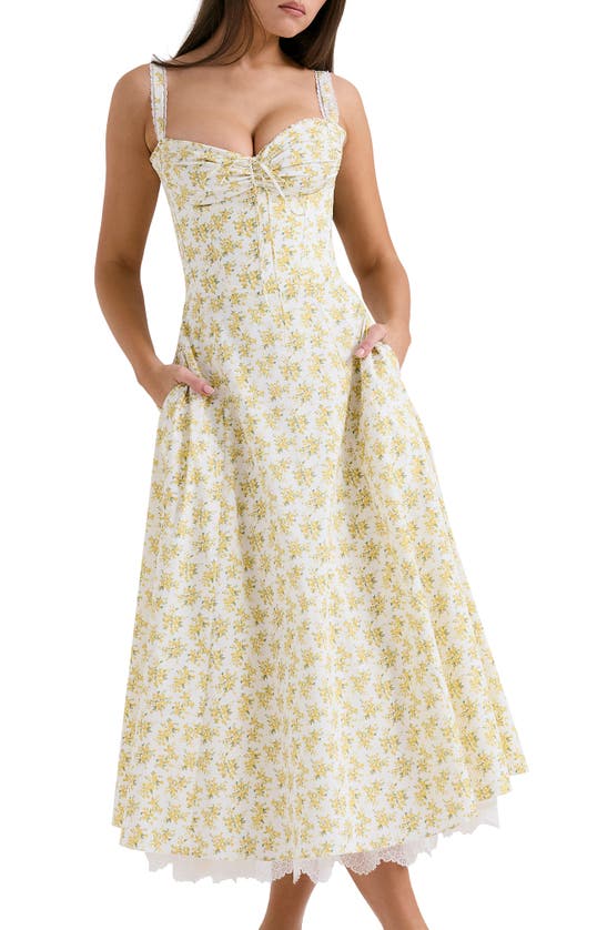 Shop House Of Cb Rosalee Floral Stretch Cotton Petticoat Dress In Yellow Floral Print