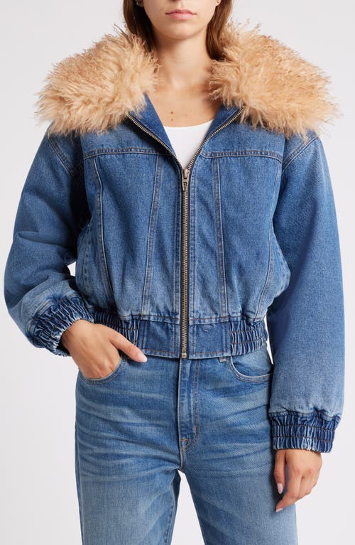 Shop Blanknyc Denim Bomber Jacket With Faux Fur Collar In Cozy Up