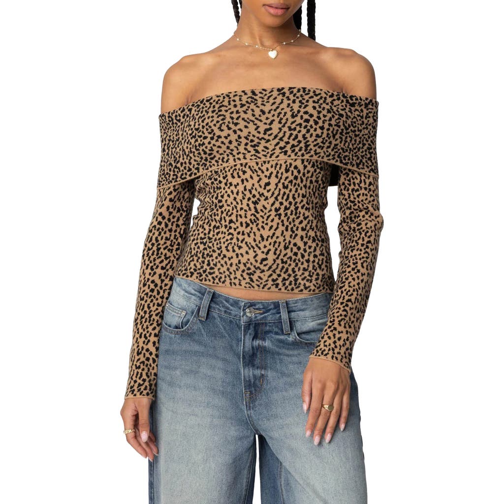 EDIKTED EDIKTED LEOPARD PRINT FOLD OVER OFF THE SHOULDER KNIT TOP