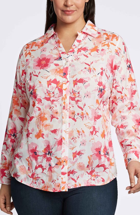 Shop Foxcroft Mary Floral Cotton Button-up Shirt In Pink Multi