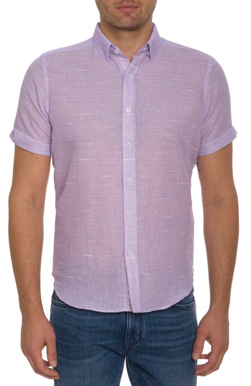 Robert Graham Sloan Houndstooth Short Sleeve Linen & Cotton Button-Down Shirt Lavender at Nordstrom,