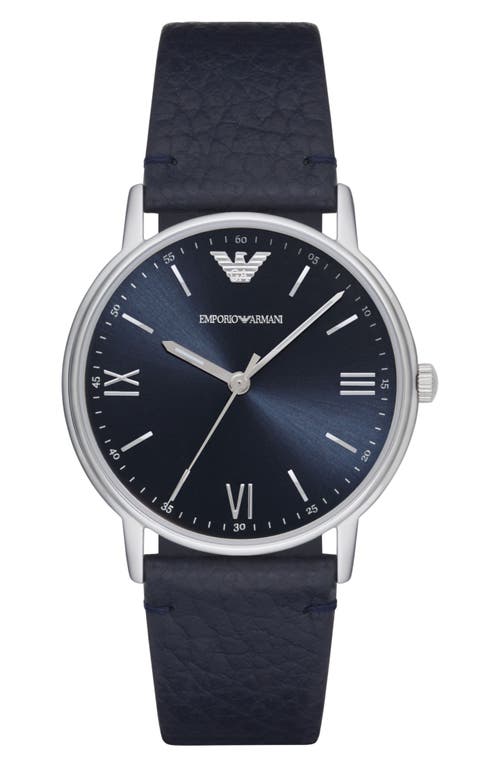 Shop Emporio Armani Kappa 3-hand Quartz Leather Strap Watch, 41mm In Blue/blue