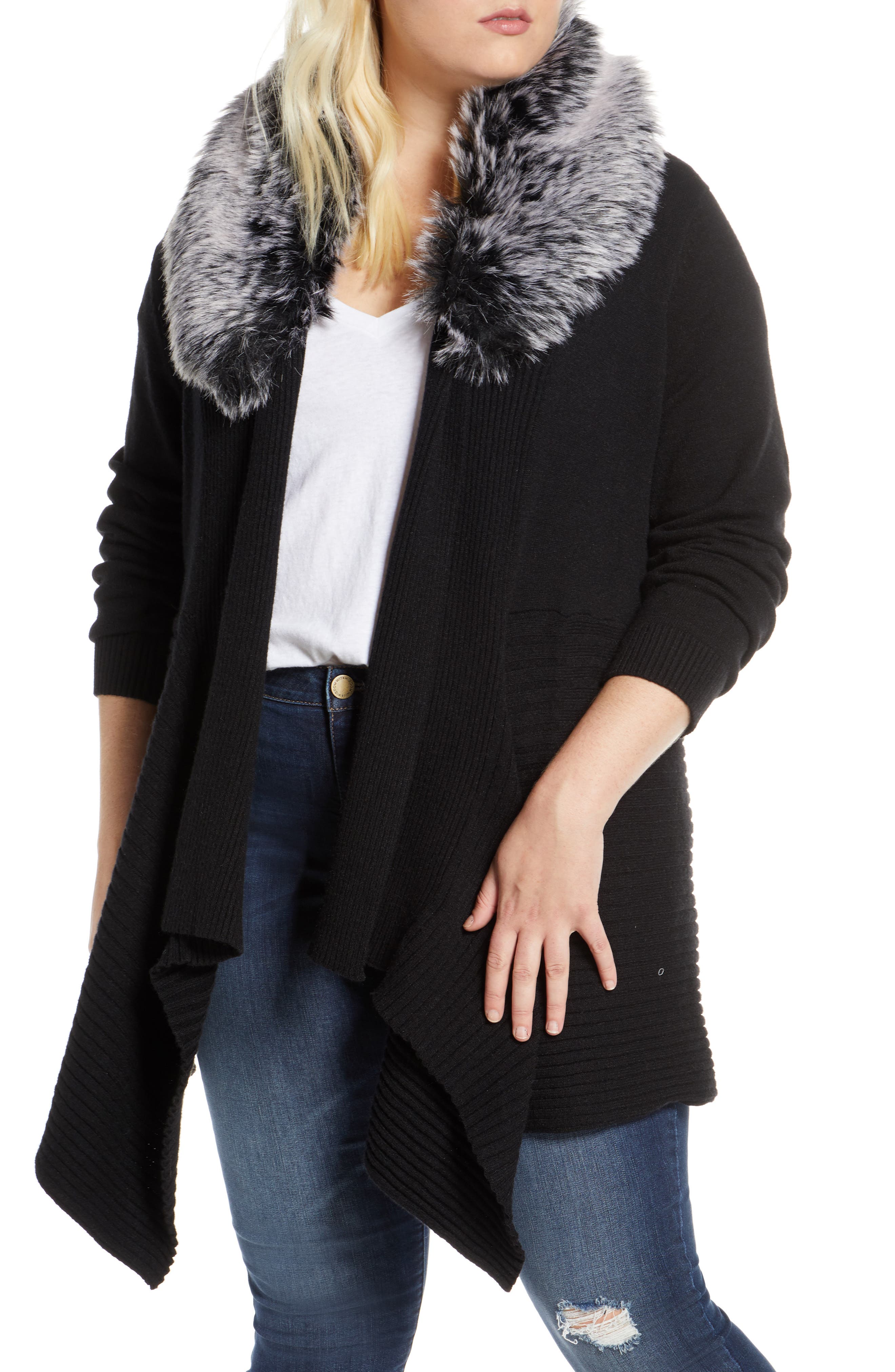 Single Thread Open Front Cardigan with Faux Fur Collar (Plus Size