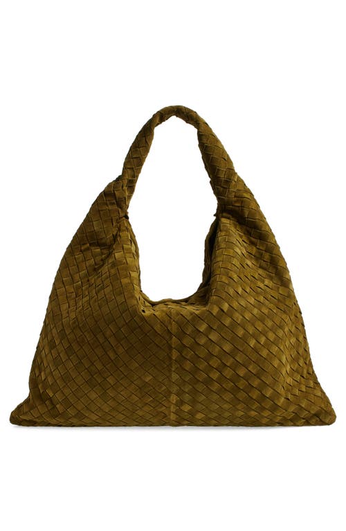 Shop Bottega Veneta Large Hop Intrecciato Suede Hobo Bag In 3356 Olive Oil-m Brass