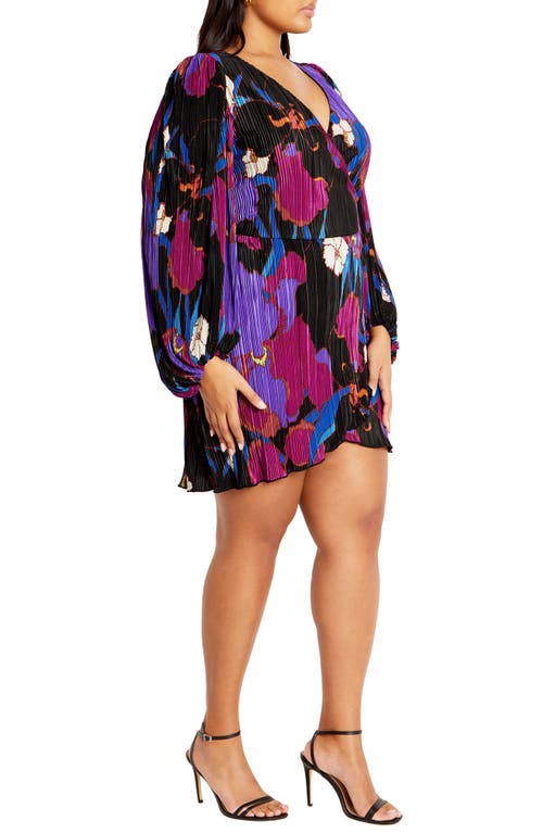 Shop City Chic Kira Floral Print Long Sleeve Plissé Faux Wrap Dress In Wild Flower