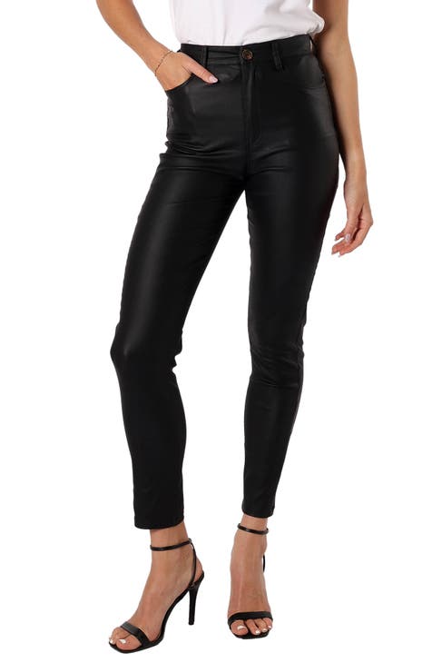 Men's Black Faux Leather Zipper Pants, High-Quality