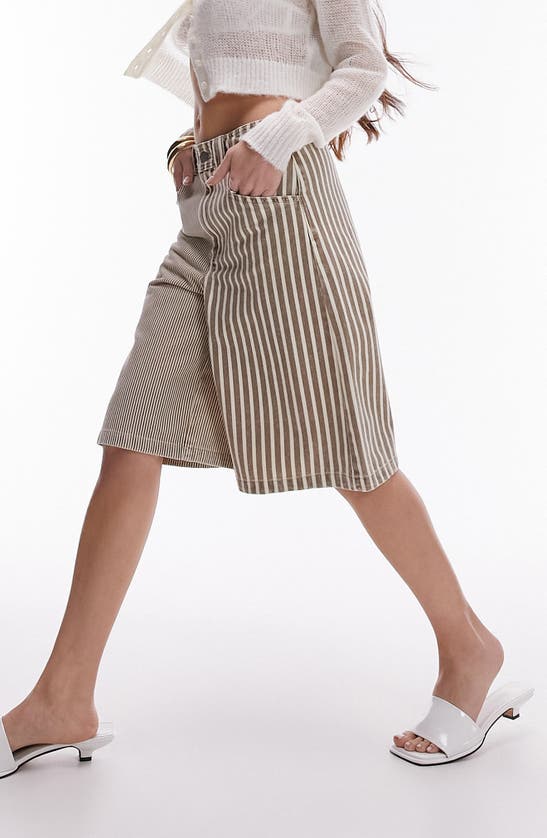 Shop Topshop Patchwork Stripe Long Denim Shorts In Brown
