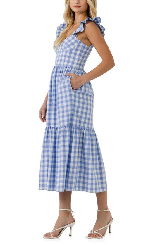 Shop English Factory Gingham Tiered Sleeveless Cotton Midi Dress In Blue/ White