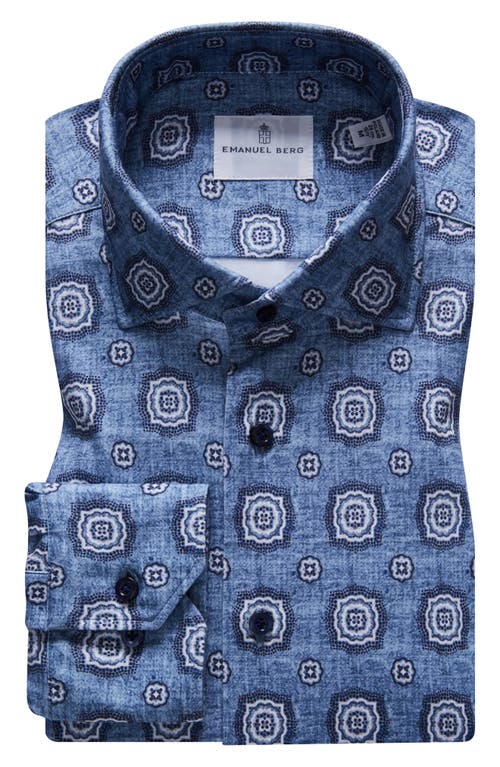 4Flex Modern Fit Print Knit Button-Up Shirt in Medium Blue