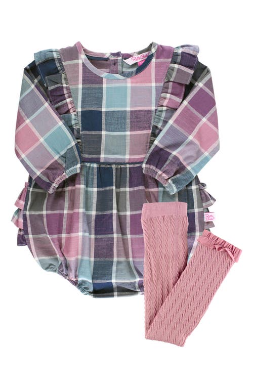 RuffleButts Remy Plaid Bubble Romper & Tights Set in Blue