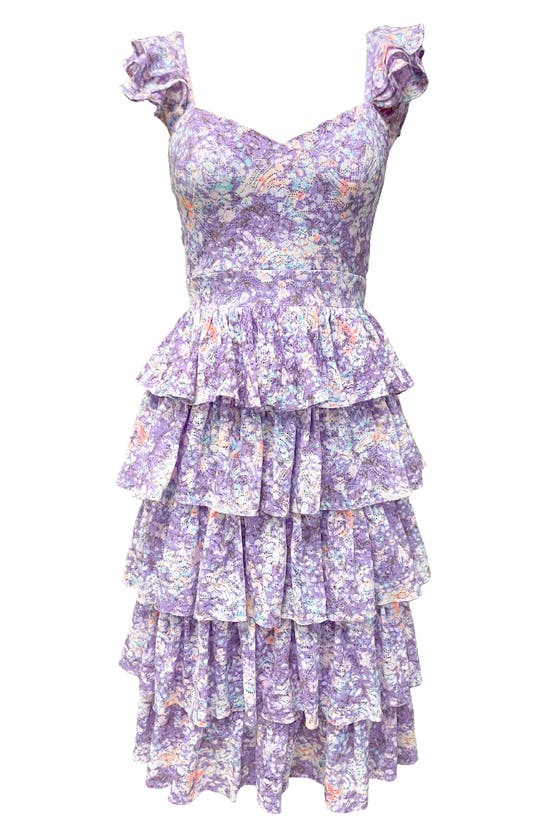 Shop Dress The Population Kristen Floral Ruffle Tier Midi Dress In Lavender Multi