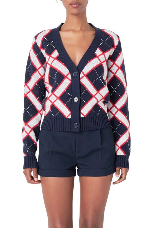 Shop Endless Rose Diamond Pattern V-neck Cardigan In Navy Multi
