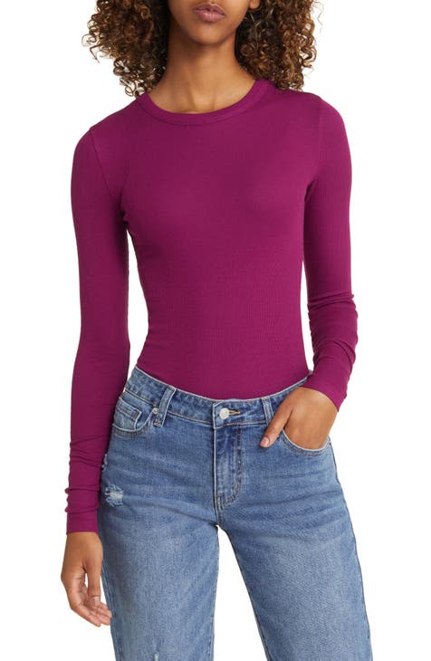 Buy Lilac Ribbed Crew Neck Long Sleeve Top 24, Tops