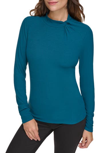 Andrew Marc Sport Twisted Mock Neck Long Sleeve Ribbed Top In Moody Teal