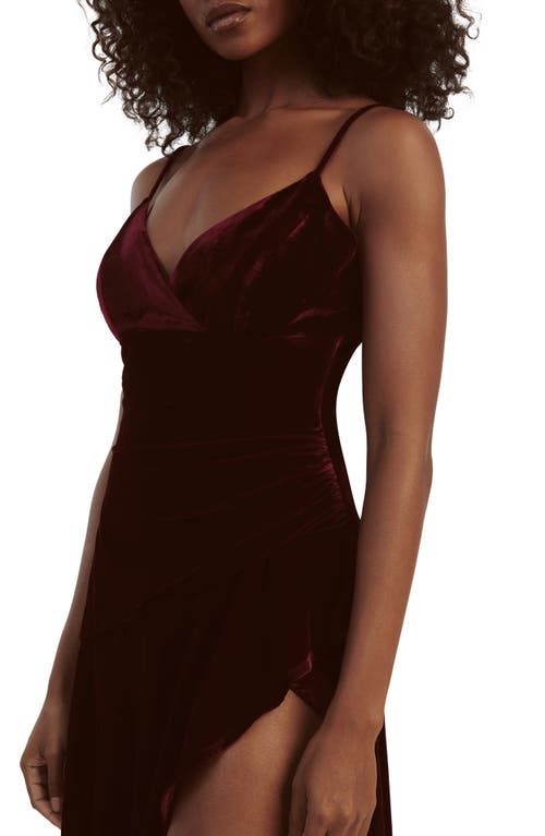 Shop Bardot Sorella Velour Asymmetric Midi Dress In Burgundy