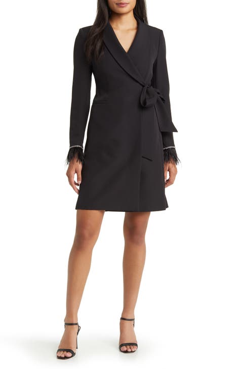 Feather Cuff Long Sleeve Wrap Blazer Dress