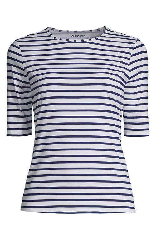 Shop Lands' End Plus Size Crew Neck Rash Guard Upf 50 Swim Tee In White/deep Sea Stripe