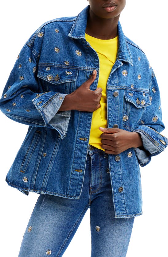 Desigual Chaq Daisy Embroidery Denim Jacket In Blue