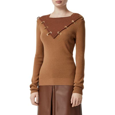 Burberry Contrast Neck Ring Detail Wool & Cashmere Sweater, Brown