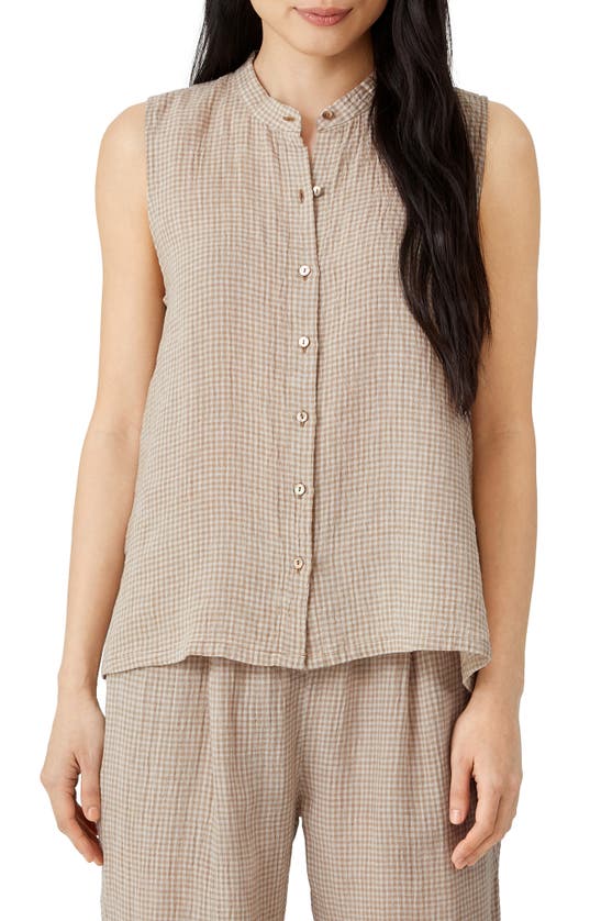 EILEEN FISHER GINGHAM ORGANIC LINEN SLEEVELESS SHIRT