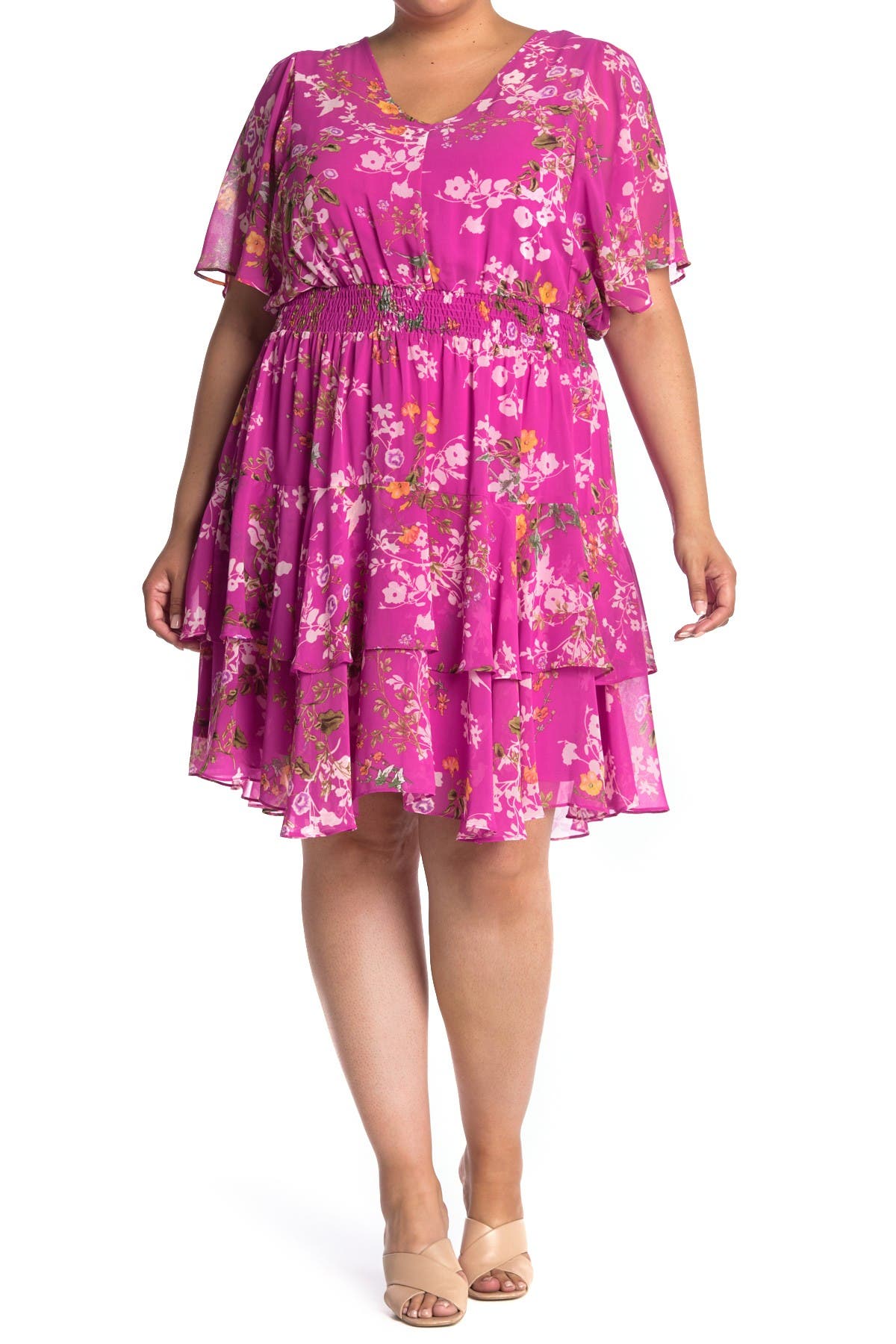 Taylor Smocked Waist Floral Print Dress In Bright Purple