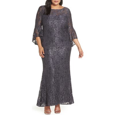 Plus Size Morgan & Co. Lace Bell Sleeve Gown, Grey