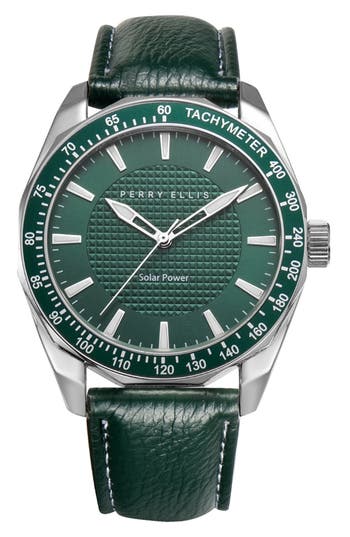 Perry Ellis Solar Powered 3-hand Quartz Strap Watch, 41mm In Silver-green